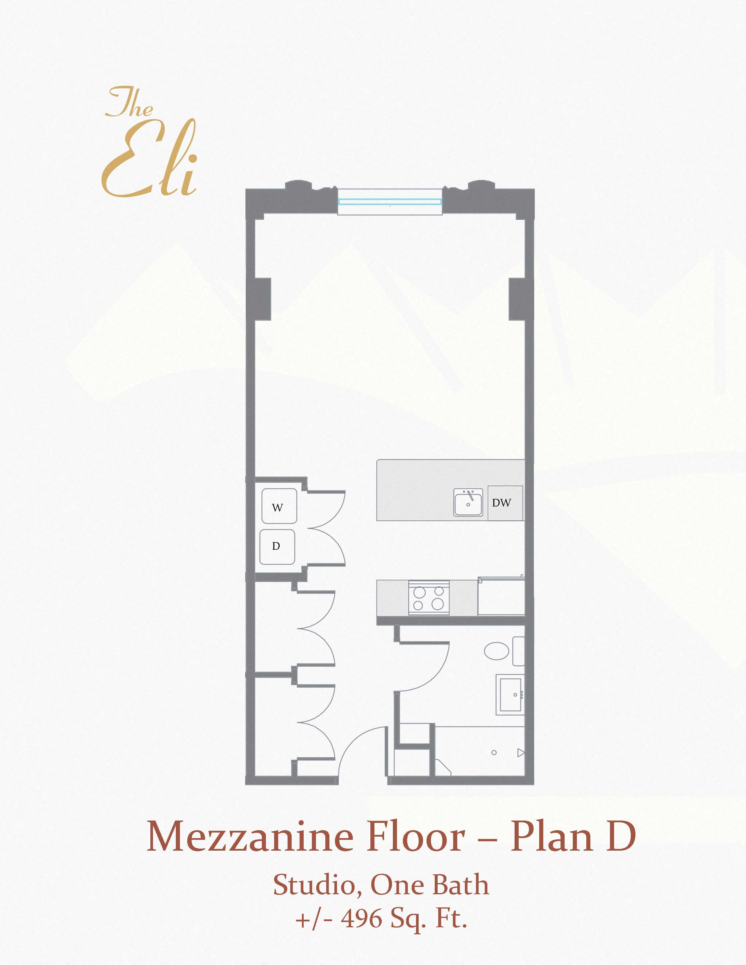 Floor plan for studio, 1 bath, 496 sqft